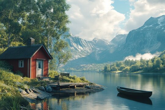 Quaint red cabin beside serene lake, majestic mountains in background. Lush greenery surrounds the tranquil scene