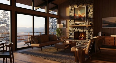 Fototapeta premium Cozy Cabin Interior with Fireplace and Winter View
