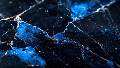 Polished black marble with glowing blue and gold veining and cosmic texture