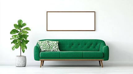 Emerald green sofa and plant in a modern living room.
