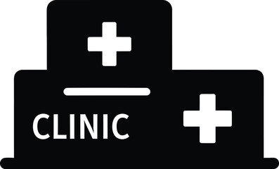 Fototapeta premium Simple black and white vector illustration of a clinic building featuring a cross symbol indicating healthcare services availability