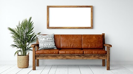 Empty frame on wall above a rustic leather couch.