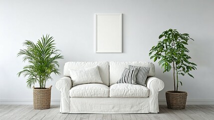 White couch and plants in a minimalist living room.