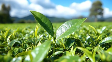 Obraz premium Close-up of a Vibrant Tea Plantation on a Sunny Day