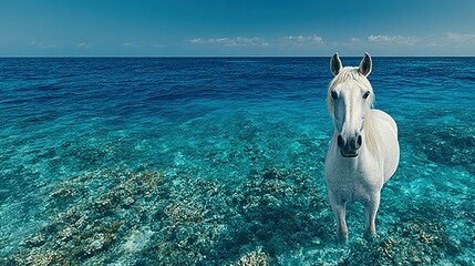 Majestic white horse standing in shallow turquoise water.