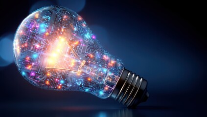Tech-infused light bulb, glowing circuits