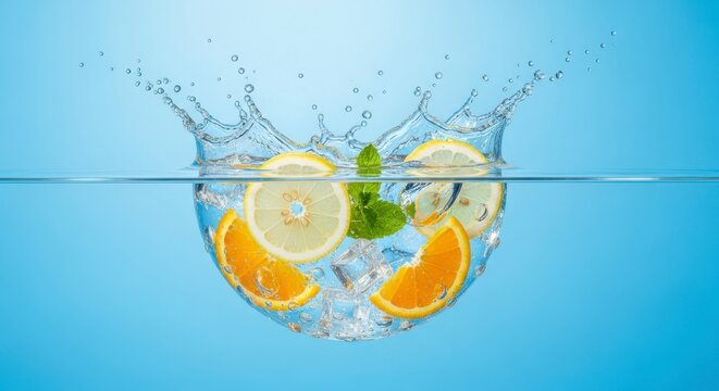 Refreshing Citrus Splash in Water with Ice and Mint