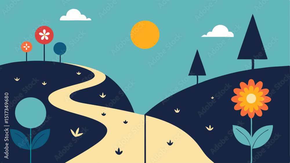 Poster a minimalist depiction of two paths diverging in a forest. one path is bright and sunny with flowers