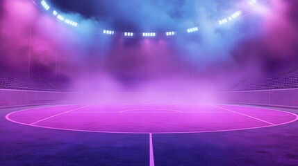 Indoor arena with vibrant neon lighting and smoky atmosphere.