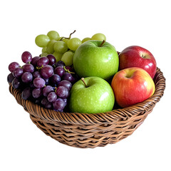 Wicker basket of apples and grapes isolated on transparent background