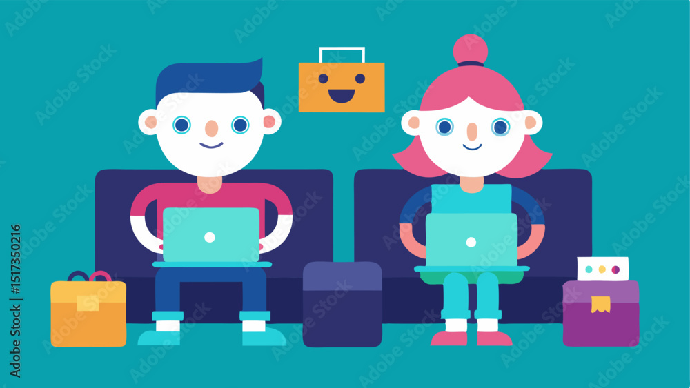 Poster cartoon characters shopping online two cheerful characters sitting on a couch using laptops and smar