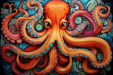 A colorful and detailed painting of a giant squid, showing intricately patterned tentacles and psychedelic colors.