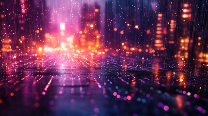 Abstract city lights reflect in the rainy night with a futuristic touch of technology