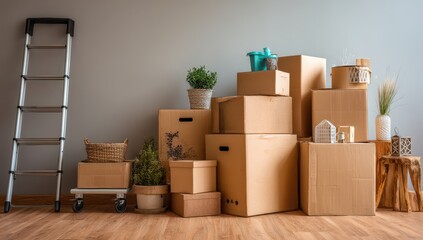 Cardboard boxes, plants, and household items stacked in a room. Moving day scene