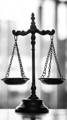 Classic balance scale or weighing scale with empty trays symbolizing justice law and fairness in black and white with blurred background