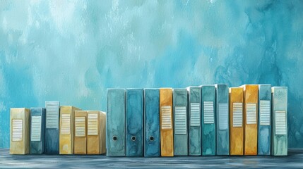 Array of colorful binders and folders arranged on a flat surface with a textured blue background for office organization, filing, and document storage purposes