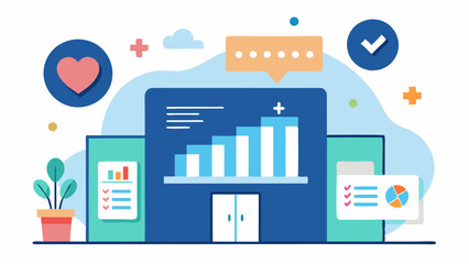 Community Health Insights An illustration of a community center with a digital board displaying aggregated health data trends and predictions for preventive measures.