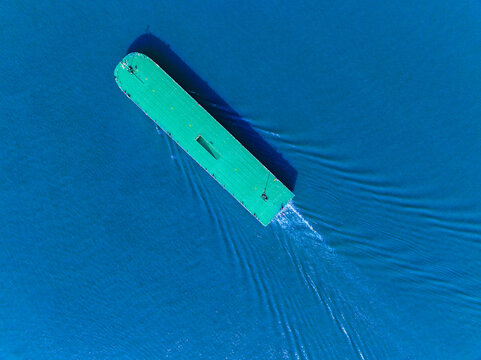 Aerial View of Idle Ro-Ro Ship on Water