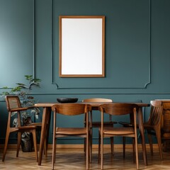 Fototapeta premium Mid-century modern dining room with a teal wall, wooden table and chairs, a blank framed picture, and a potted plant