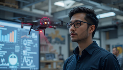 A project manager with a drone assistant hovering nearby, displaying data via a laser projector.
