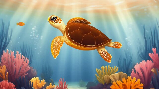 Cartoon animation of a sea turtle swimming slowly over a colorful coral reef.