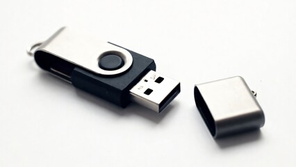 Metal USB flash drive with removable cap on a white background