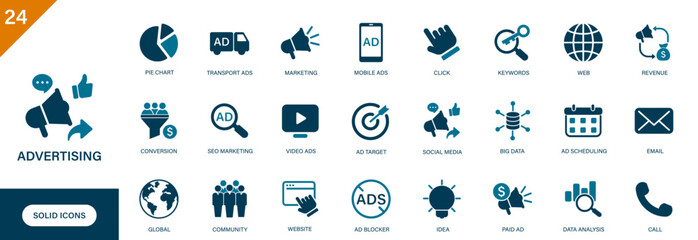 Advertising icon. Containing marketing, data analytics, social media, keywords, conversion. Solid vector icons collection.