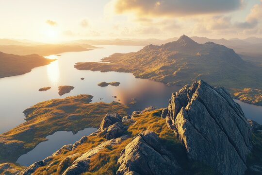 Panoramic view of a highland landscape at sunrise. Verdant valleys, lakes, and mountains meet the golden light of the rising sun