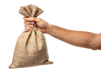 Hand Holding Burlap Sack or Money Bag Isolated on White