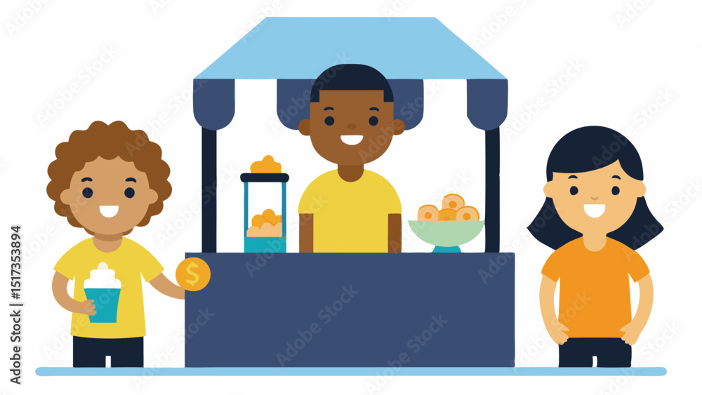 Poster budding entrepreneurship kids setting up a lemonade stand or cookie booth in front of a store with d