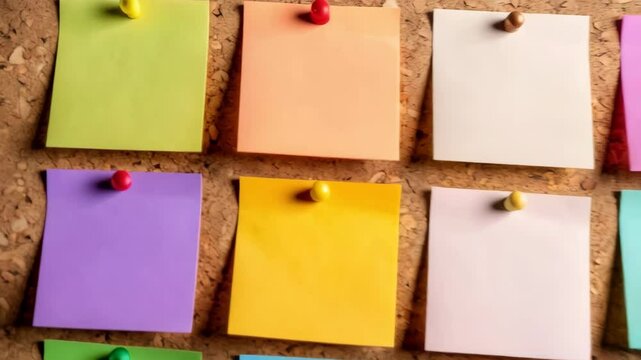 Colorful memo notes pinned to a cork board, organized schedule and vibrant reminders for business, creative brainstorming.
