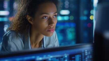Cybersecurity analyst monitoring real-time data feeds in a dark server room. 
