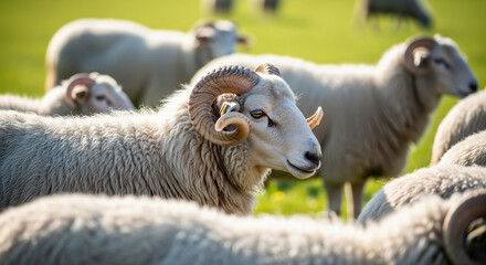 Fototapeta premium Ram Standing Out in a Flock of Sheep with Curved Horns