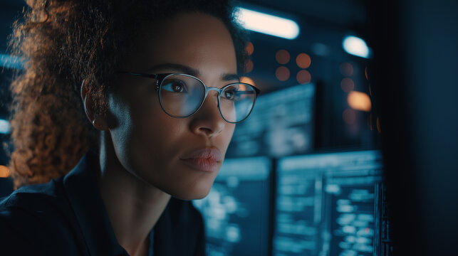 Cybersecurity analyst monitoring real-time data feeds in a dark server room.