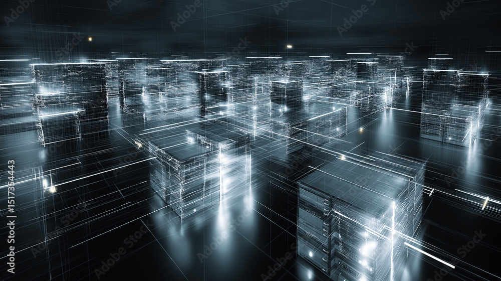 Poster futuristic abstract data center with glowing transparent cube servers in a dark digital environment.