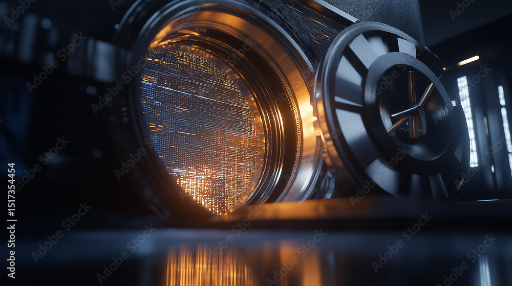 Poster glowing futuristic vault core with data particles and secure digital energy inside a high-tech chamb