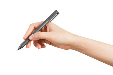 Hands holding pen isolated on white background.