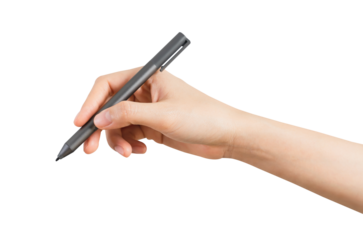 Hands holding pen isolated on white background.