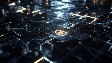 High-tech circuit board with glowing processor chip at the center of a digital network. 
