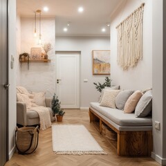 Bright hallway with built-in bench, textured rug, and boho wall decor. Neutral tones, natural materials, and soft lighting create a welcoming atmosphere