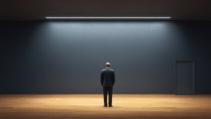 Obraz premium Man facing blank wall in dark room