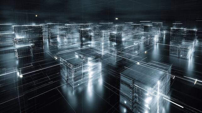 Futuristic abstract data center with glowing transparent cube servers in a dark digital environment. 
