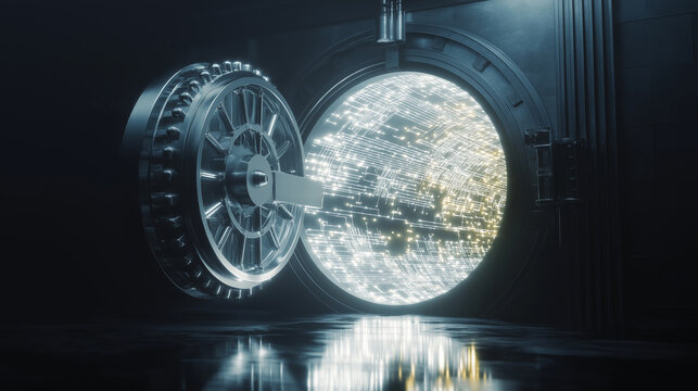 Glowing futuristic vault core with data particles and secure digital energy inside a high-tech chamber. 
