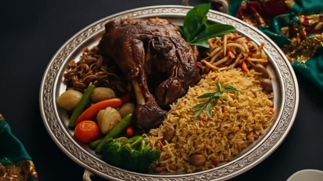 Traditional Middle Eastern Lamb Mandi with Rice and Vegetables