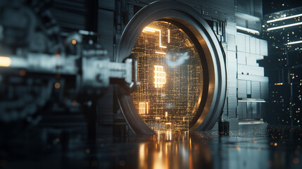 Obraz premium Futuristic quantum computer core glowing inside a secure high-tech chamber. 