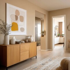 Light-toned living space featuring a mid-century modern wood sideboard, abstract wall art, and a neutral-colored rug, showcasing an open floor plan with hints of other rooms