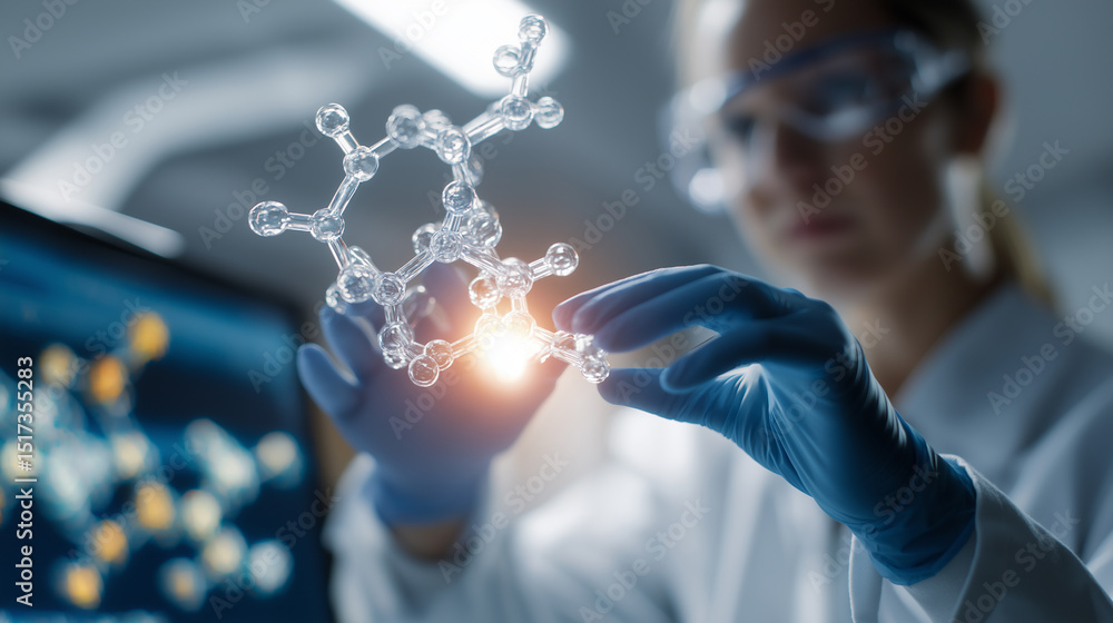 Aufkleber female scientist examining a molecular model in a futuristic laboratory using high-tech analysis too