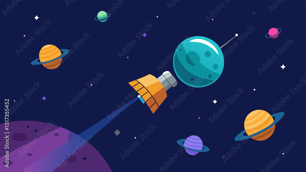 Poster deep space probe a small unmanned probe sending signals back to earth while flying through the vastn