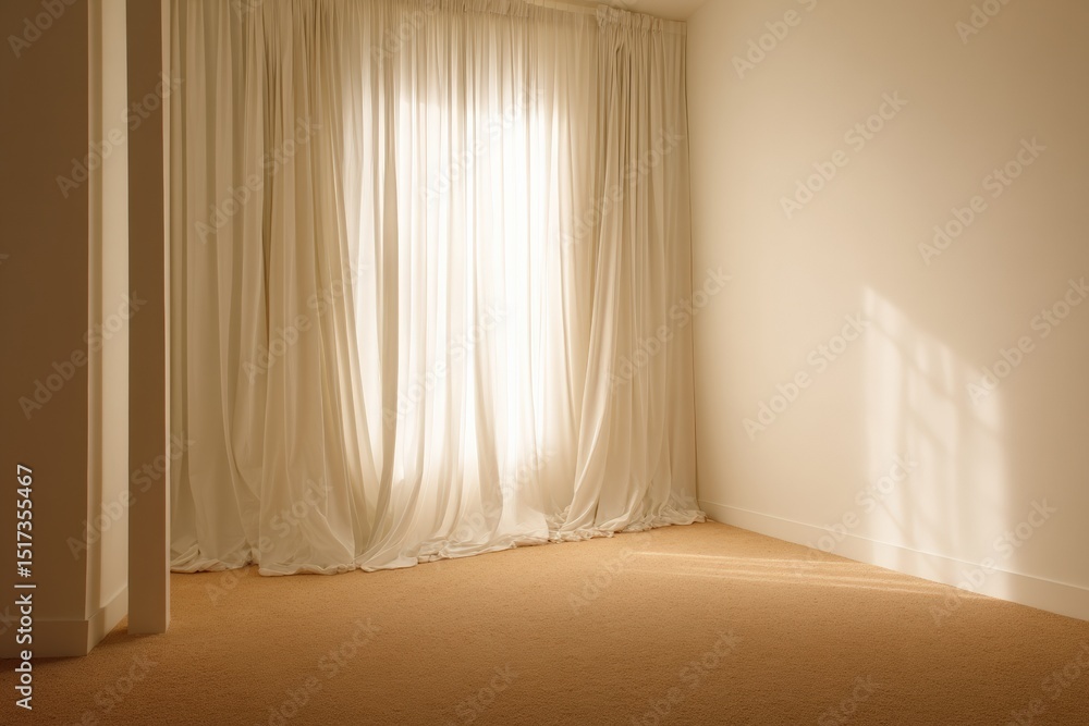 Poster Sunlight filtering through sheer white curtains in a minimalist, empty room with beige carpet, creating a serene and peaceful atmosphere