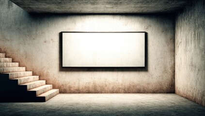 Empty white billboard in a dimly lit, concrete basement room with stairs